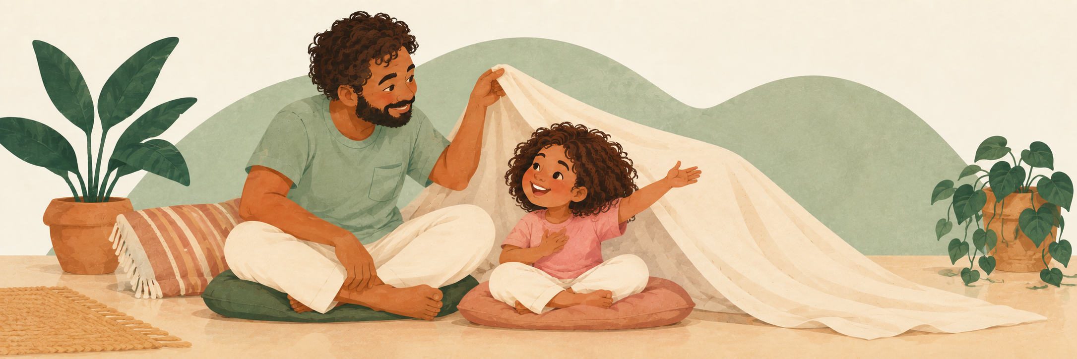 Pai e filha brincando de cabana na sala